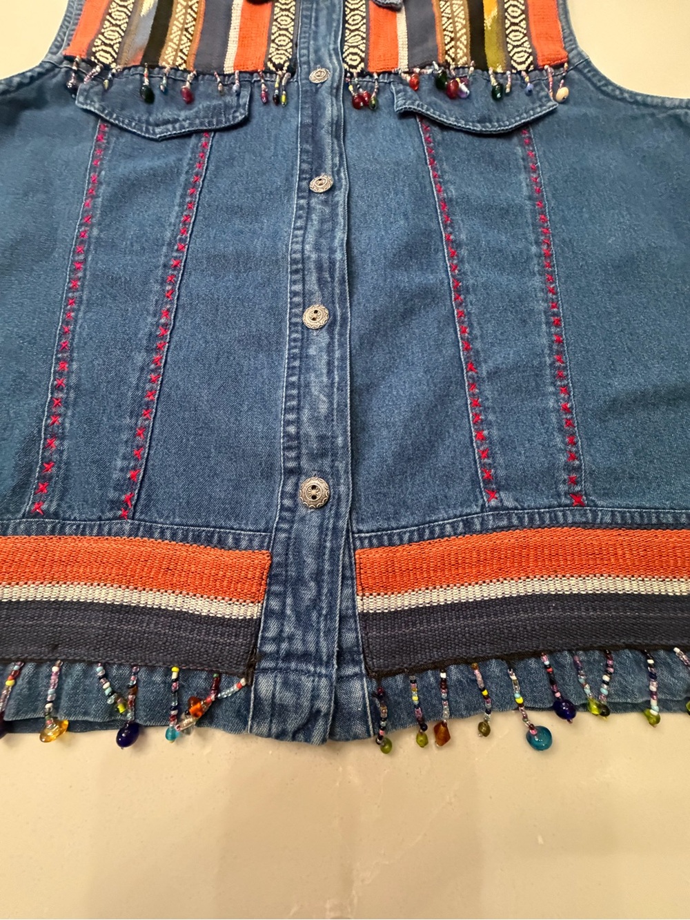 Vintage Southwestern Tantrum Blues Denim Beaded Vest w/ Multicolor Aztec Yoke PL - Picture 3 of 16